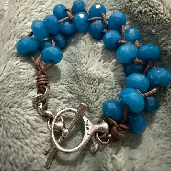 FOSSIL BRAIDED BLUE BEAD BRACELET WITH TOGGLE CLASP – 7.5” - Picture 1 of 17